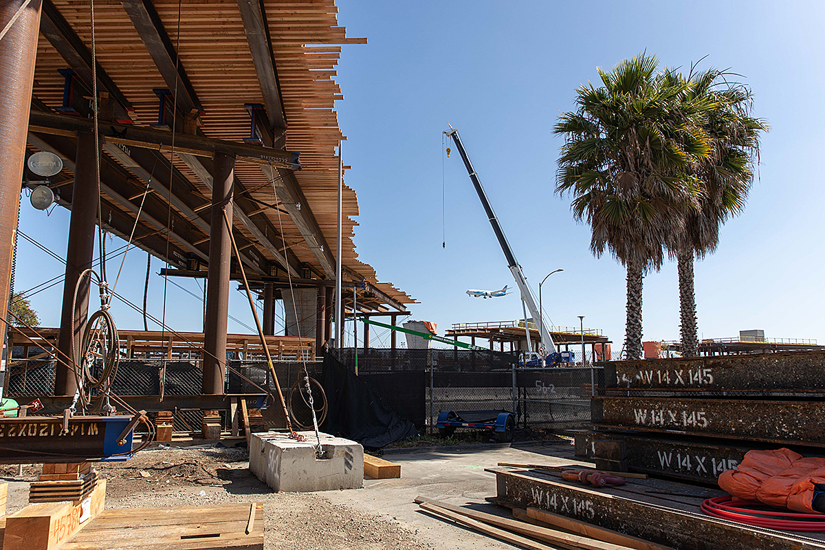 Falsework creates a platform to support guideway formwork near 96th street.