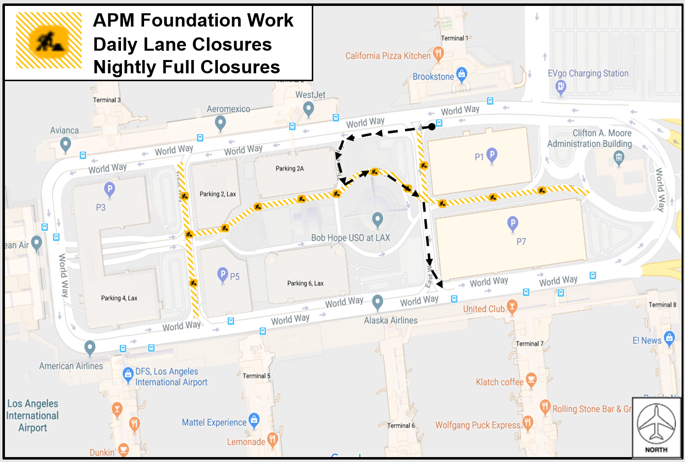 LANE CLOSURES ON CENTER WAY IN CENTRAL TERMINAL AREA